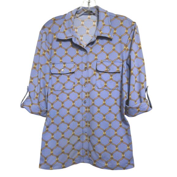 J. McLaughlin Catalina Cloth Tab Sleeve Button Front Chain Link Print Blouse - Picture 2 of 11